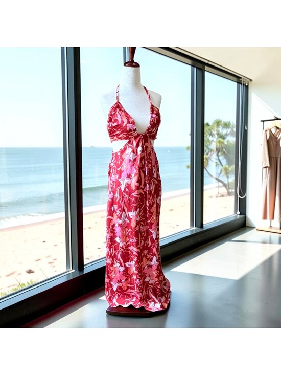 J. Crew Dresses & Skirts - J. Crew Collection Halter Cut Out Maxi Satin Dress Lily Swirl Coral Pink Resort